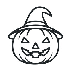 Halloween pumpkin with witch hat for seasonal decoration. Vector line illustration