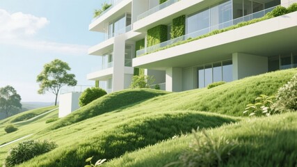 Modern multi-story building with green terraces on a grassy hillside under a clear sky