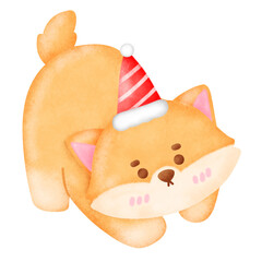 A cartoon corgi dog wearing a red and white hat. The hat is decorated with a red ribbon and a red star. The cat is sitting on a white background