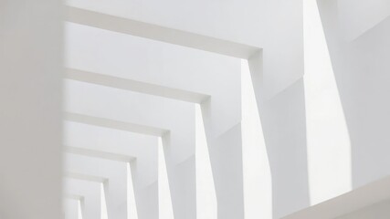 Modern architectural corridor with repeating geometric white structures creating a sense of depth and perspective