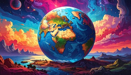 Naklejka premium Pixelated Earth Globe Floating Above Landscape with Colorful Sky and Reflections on Water