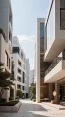 Modern architectural buildings with glass facades and landscaped walkways in an urban setting
