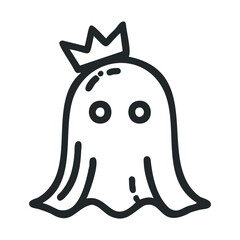 Cute cartoon ghost wearing a crown for Halloween decoration purpose. Vector line illustration