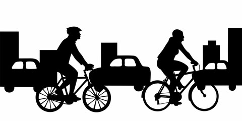 Obraz premium Silhouette of city commuters biking through urban streets sharing space with car traffic