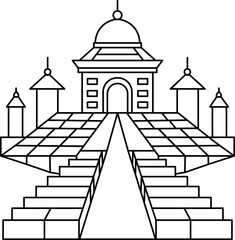 Mosaic Rooftop Path Coloring Page, Geometric Urban Pattern Illustration