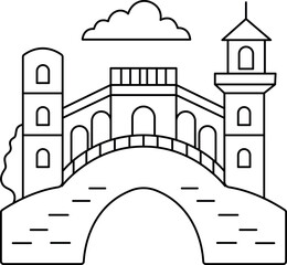 Old Town Stone Bridge Coloring Page, Historic Architecture Illustration