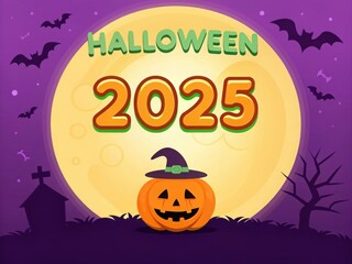 Fototapeta premium happy Halloween 2025 Spooky halloween 2025 celebration with a grinning pumpkin under a giant full moon and flying bats