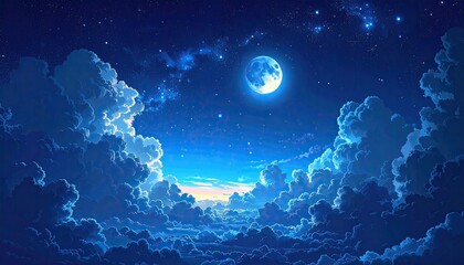 Pixelated Full Moon and Clouds Amidst Starry Night Sky Digital Artwork