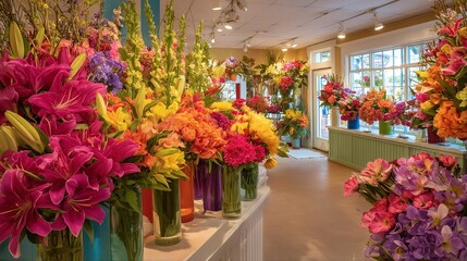 Obraz premium a vibrant display of colorful floral arrangements lines the aisles of a bright and welcoming flower shop.