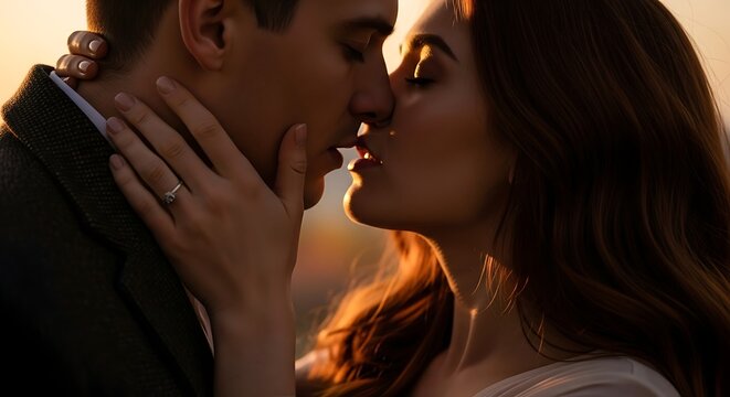 Romantic couple kissing at sunset, close-up of their faces with warm light.