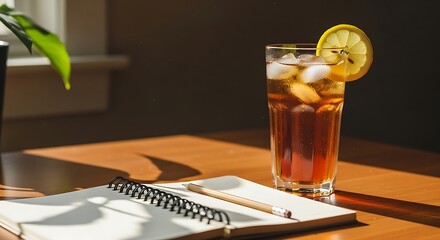 Refreshing Iced Tea with Lemon Slice on Wooden Table.