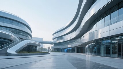 Modern glass and steel architectural complex with curved design and open plaza