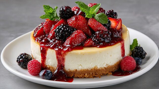 Delicious cheesecake topped with fresh strawberries raspberries blackberries blueberries and berry sauce