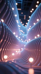 Abstract wavy structure illuminated by glowing orbs in a futuristic tunnel-like space