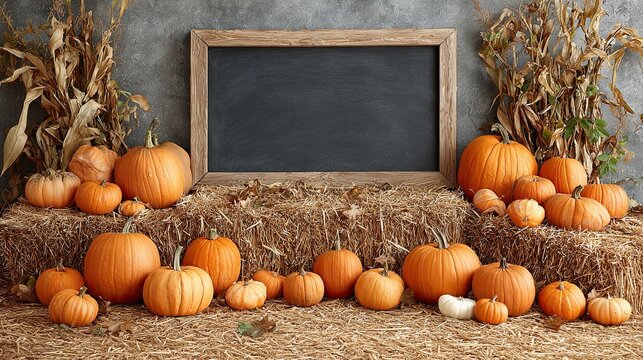 Autumn display with pumpkins and hay bales surrounding blank chalkboard for seasonal harvest and fall decor - Powered by Adobe