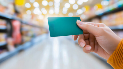 Hand holding a green credit card with a chip, set against a blurred supermarket aisle, showcasing shopping experience and consumer lifestyle in a vibrant retail environment