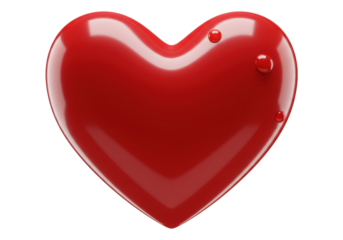 Isolated shiny red heart with water droplets against plain backdrop and smooth glossy texture