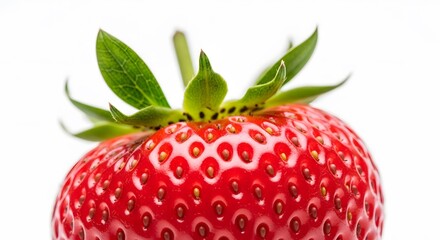 Close-up of a ripe, juicy strawberry with vibrant red skin and green leaves, showcasing its texture and natural beauty