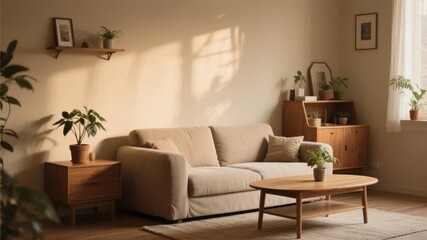 Cozy living room with beige sofa, wooden furniture, and indoor plants bathed in natural light