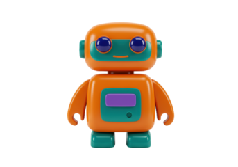 Isolated Orange Robot Toy Figurine with Teal and Purple Accents, Cute Robot Design