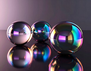 Three highly reflective metallic spheres with iridescent rainbow reflections on a dark glossy surface.