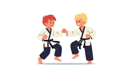 Two young boys practicing martial arts in a dojo.