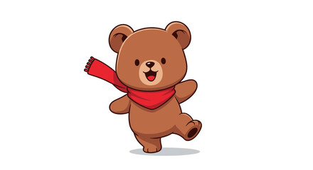 Obraz premium Cute cartoon teddy bear wearing a red scarf dancing happily.