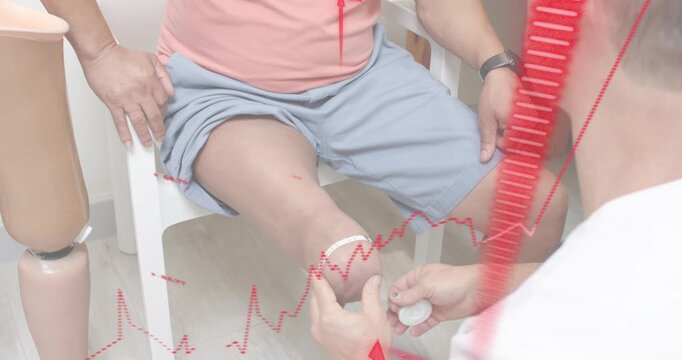 Prosthetist picking tape measure measuring stump fitting jig and adjusting pylon alignment
