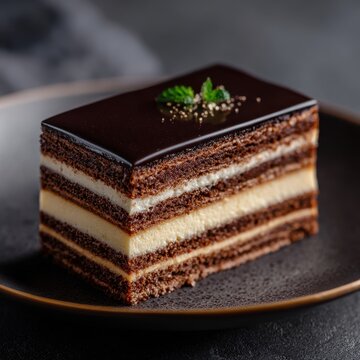 Elegant slice of layered chocolate cake with cream filling, glossy glaze, and mint garnish on a dark plate.