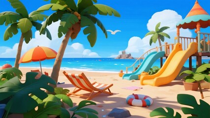 Colorful tropical beach scene with palm trees, slides, and lounge chairs