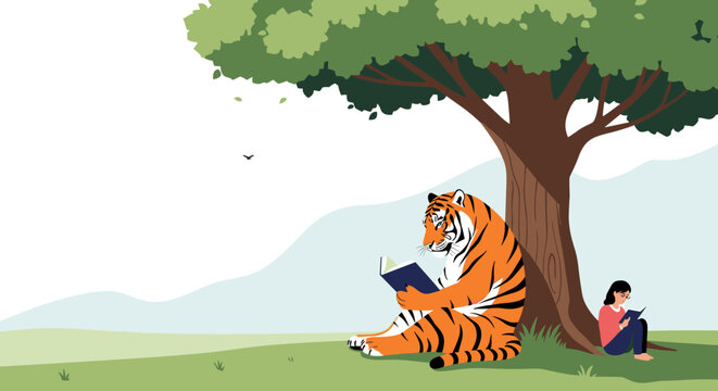 Tiger and girl reading books under a tree in a peaceful landscape.