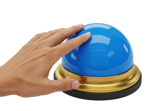 Isolated push button with hand ready to press down, a novelty switch used for games or service