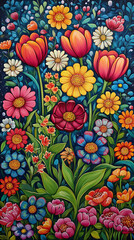 Floral artwork with vibrant sunflowers daisies and tulips high resolution picture