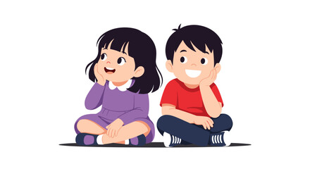 Cute cartoon children sitting together looking up.