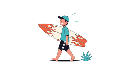 Young boy walking with surfboard on beach ready for surfing.
