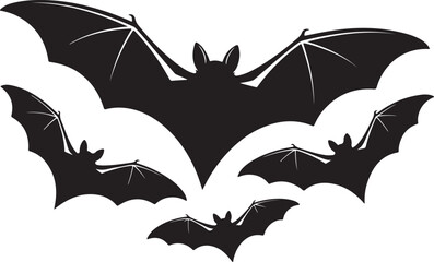 Fototapeta premium Group of Black Bat Silhouettes Flying Isolated on White Background , Spooky bat silhouettes flying, Halloween Design