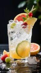A refreshing citrus cocktail garnished with fruit slices, ice, and herbs in a clear glass.
