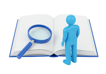 Fototapeta premium Isolated figure examines knowledge with a book and magnifying glass for learning and insight