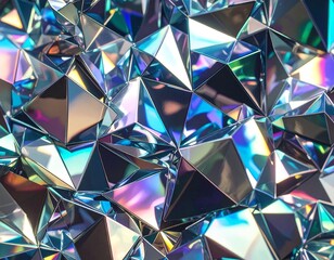 Close-up view of a cluster of iridescent, multifaceted geometric crystals reflecting vibrant rainbow colors.