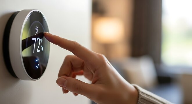 Woman adjusting smart thermostat digital display.