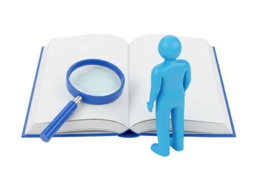 Isolated figure examines knowledge with a book and magnifying glass for learning and insight