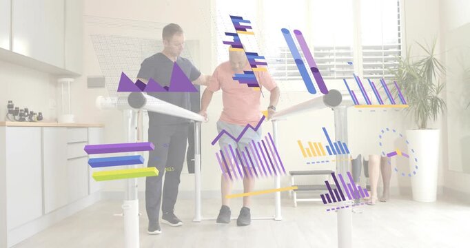 Patient gripping parallel bars and placing prosthetic foot while therapist guiding gait in rehab