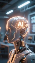 Robotic humanoid with glowing AI interface in a high-tech laboratory setting