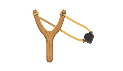 Wooden slingshot toy with rubber bands and leather pouch ready for action outdoor fun and recreation isolated on white background