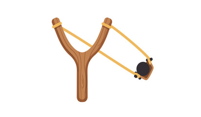 Classic wooden slingshot with elastic bands and projectile ready for action isolated on a clean white surface isolated on white background