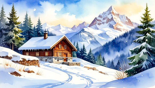 Watercolor painting of a cozy chalet nestled in a snowy mountain landscape
