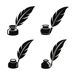 Quills and inkwells set on transparent background silhouette