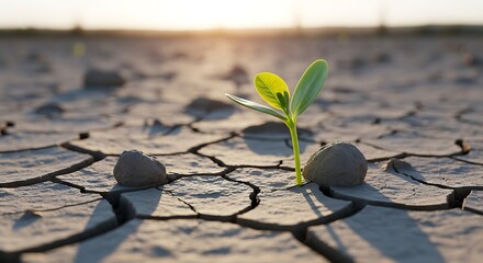 Resilient plant sprouting from cracked earth under the sun.
