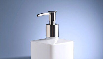 Obraz premium Close-up of a white, square-shaped soap dispenser with a chrome pump against a soft blue background.