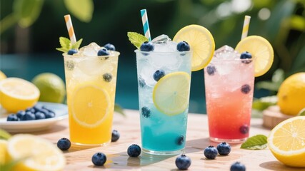 Three colorful lemonade drinks with blueberries, lemon slices, and mint garnishes served in tall glasses on a wooden table outdoors.